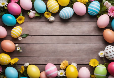 Flat lay of wooden background with decorated eggs and chamomiles. Copy space. Concept of Easter and spring season holiday. Generative Aiの素材