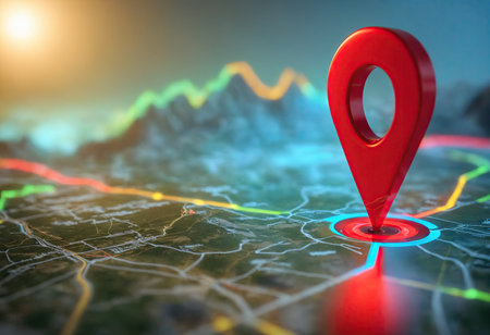 Close-up of digital map with destination red pin marked and neon light roads. Concept of guide to route and online navigation. Generative Aiの素材