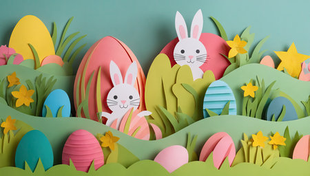 Carving of paper rabbits and multi colored eggs hidden in grass. Concept of the spring season and holidays. Generative Aiの素材