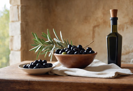 Ceramic bowls full of selected black olives and glass bottle of extra virgin olive oil stand on wooden table.Concept of Italian organic products and mediterranean diet. Ai generativeの素材
