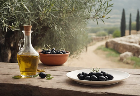 Bowls full of selected black olives and glass decanter of olive oil stand on rustic wooden table. Tree and Italian landscape in background. Concept of organic products and Mediterranean diet. Ai generativeの素材