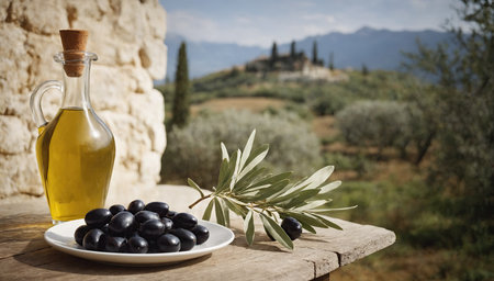 Plate full of selected olives and glass carafe of olive oil stand on rustic wooden table. Trees and Italian landscape in background. Concept of organic products and Mediterranean diet. Generation Aiの素材