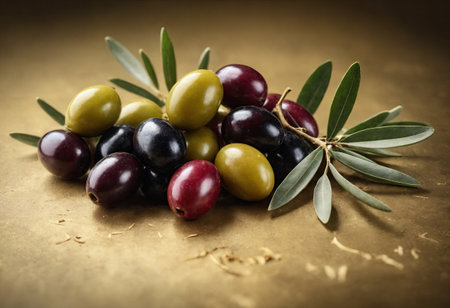 Close-up of perfect olives of different ripeness, with leaves, on golden background. Concept of natural organic Mediterranean products. Ai generativeの素材