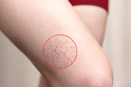 Woman's legs in close-up, with red rash. Hip with allergies and Irritation. Concept of dermatology and skin diseases. Result before and after treatment.の写真素材