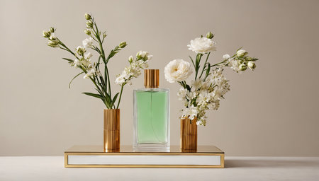 Web banner of perfumery. Close up of glass green perfume bottle with white flowers in golden vases on beige background. Selective fresh female toilet water. Concept of fragrance marketing. AI generation.の素材