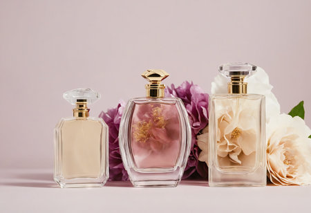 Close up of three glass perfume bottles with flowers on beige background. Selective women's toilet water. Copy space. Concept of fragrance marketing. AI generation.の素材