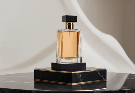 Brutal male glass bottle of golden perfume standing on black marble podium. Selective perfumery and luxury fragrance. Concept of cosmetic marketing. AI generation.の素材