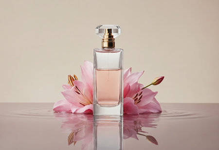 Perfumery with copy space. Close up of glass rectangular perfume bottle with pink lily flowers on water surface in beige background. Selective fresh female toilet water. Concept of fragrance marketing. AI generation.の素材