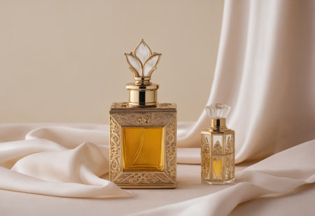 Gorgeous bottles of Arabic perfumes and oils on beige silk. Selective female fragrance and eau de toilette. Copy space. Concept of perfume marketing. AI generation.の素材