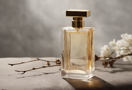 Unisex bottle glass golden perfume standing on stone against background of dry branches. Selective perfumery and organic fragrance. Concept of marketing fashion and perfumes. AI generation.の素材