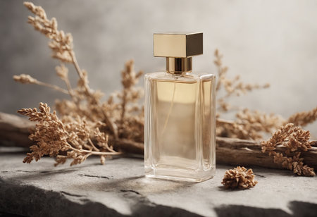Unisex bottle glass perfume standing on stone against background of dry plants. Selective perfumery and organic fragrance. Concept of marketing fashion and perfumes. AI generation.の素材