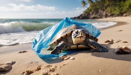Close-up of sea turtle entangled in blue plastic bag on sandy tropical beach. Concept of environmental pollution hazards and protection of marine animals. AI generation.の素材