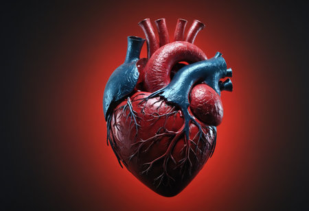 Model of organ of healthy human heart on dark red background, close-up. Concept of cardiology, coronary disease and anatomy. World Heart Day. AI generation.の素材
