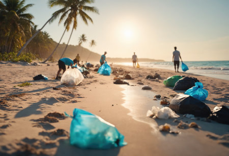 Blurred volunteers cleaning sandy tropical beach polluted with garbage. In background there are palms, ocean's surf and sunset. Concept of Earth Day and environmental pollution. AI generation.の素材