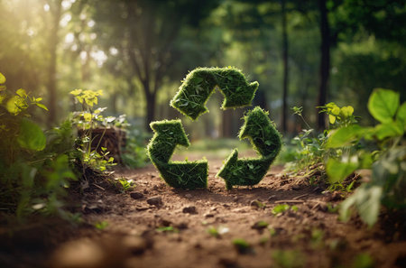 Recycling sign made of greenery on forest path. Ecology. Earth Day and Environmental Protection concept. AI generation.の素材