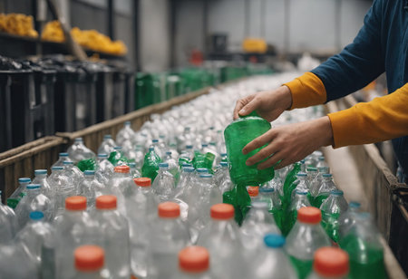 Close-up of worker's hands sorting plastic bottles on conveyor belt. Concept of recycling garbage and Earth Day. Industrial factory sorting waste. AI generation.の素材