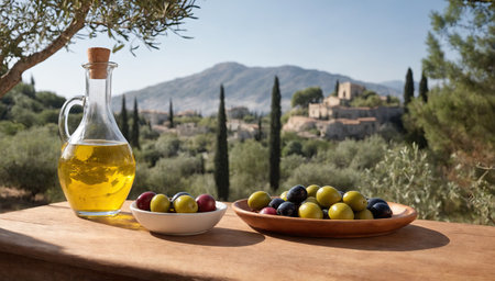 Ceramic plate full of selected olives and glass carafe of olive oil stand on rustic wooden table. Greek landscape in background. Web banner of organic products and Mediterranean diet. Generation Ai.の素材