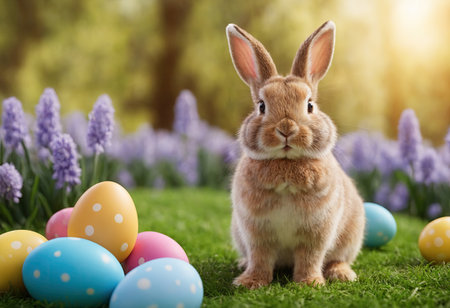 Cute rabbit and decorated festive eggs on grass field with blooming muscari flower, close-up. Spring Easter. Copy space. AI generation.の素材