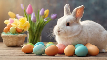 Cute white rabbit, bouquet of flowers and decorated festive eggs on wooden table, close-up. Web banner of spring Easter. Copy space. AI generation.の素材
