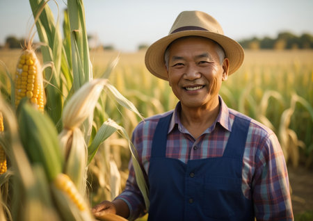 Portrait of happy senior Asian man farmer wearing overalls and straw hat posing with ripe seasonal organic corn harvest homegrown. Local agriculture market and filed. Generative AI.の素材