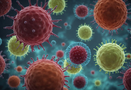 Close-up of viruses and bacteria under the microscope. Medicine and science. AI generation.の素材