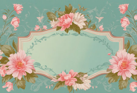 Greeting postcard template with floral decoration and copy space area. Rococo style. Concept of International Women's Day, March 8. Generation Ai.の素材