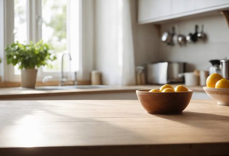 Wooden table top on blur kitchen room with window in background. Advertising template for utensil and products. For montage product display or design key visual layout. Generation Ai.の素材