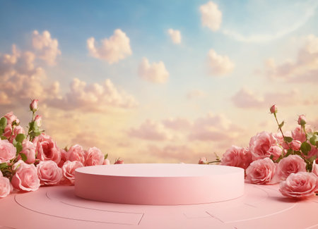 Round marble podium for presentation decorated pink rose flowers. Cloudy idyllic sky in background. Copy space. Luxury beauty template. AI generation.の素材