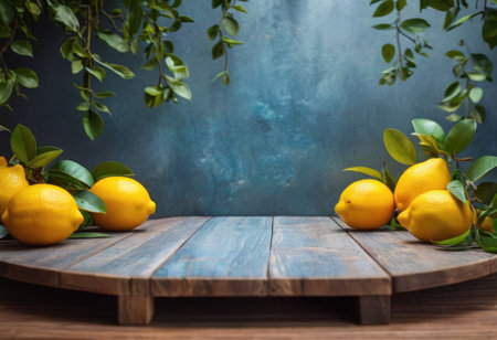 Natural mockup concept for product presentation. Empty wooden rounded podium and citrus lemon fruits on blue wall background. Generative AI.の素材