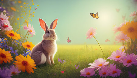Green meadow with rabbit sitting on grass with blooming flowers. Sunny sky in background with copy space. Generative AI. Concept of Easter and spring religious holidays.の素材