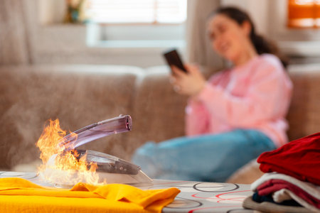 Firing Iron is on ironing board. In the background, a woman is sitting resting on the couch and...