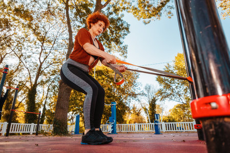 Bottom view of adult strong Caucasian woman does stretching with elastic band on sports playground.の写真素材
