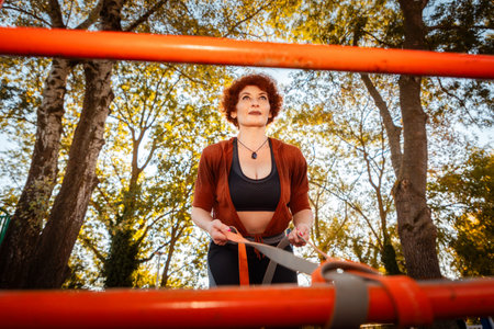 Bottom view through horizontal bar of mid adult Caucasian woman training with sports elastic band. Tree crowns in background. Concept of sport.の写真素材