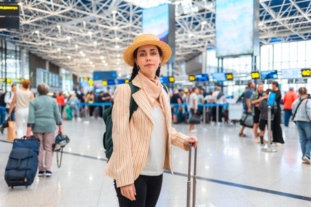 Pretty Caucasian young woman in straw hat smiling and holds suitcase to the check-in desk. Defocused people in background. The concept of vacation and flight trip.の写真素材