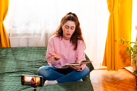 A young woman sits on her bed and films a vlog using a smartphone mounted on a tripod, sharing her thoughts with an online audience. Mid shot.の写真素材