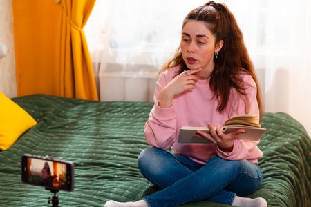 Digital content creator sitting on a cozy bed and filming a vlog with a smartphone on a tripod, discussing online trends. Woman reads book.の写真素材
