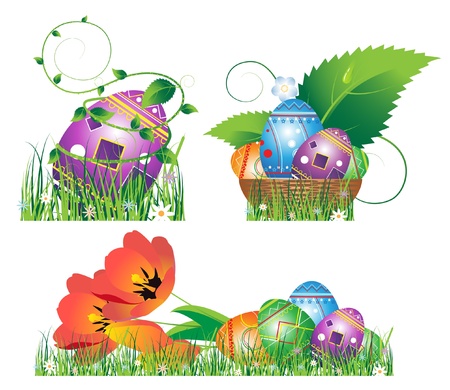 Egg, tulip, basket, lie in the grass. Easter symbols isolated on whiteのイラスト素材