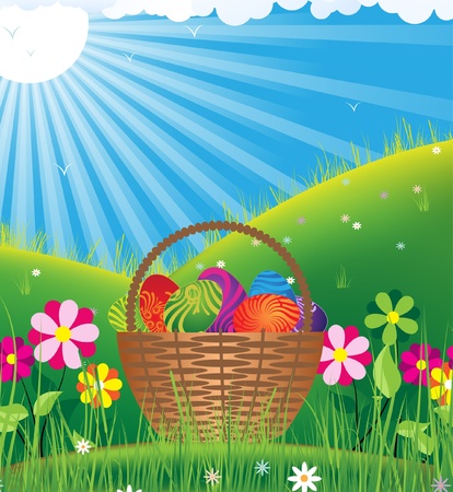 Basket filled with eggs among flowers on a sunny meadowのイラスト素材