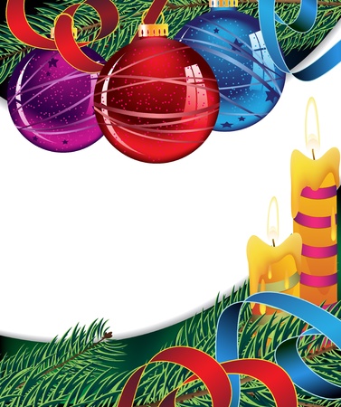 candles and  colorful Christmas decorations  on the Christmas tree branchesのイラスト素材