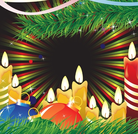 Colorful candles and Christmas decorations on bright festive backgroundのイラスト素材