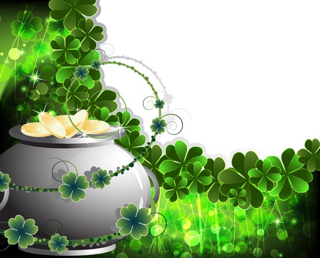 Pot with golden coins on an abstract clover background のイラスト素材
