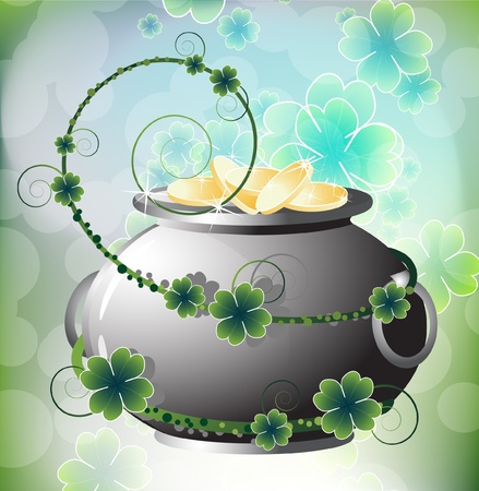 Pot of gold coins on the  abstract clover backgroundのイラスト素材
