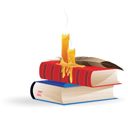Books, candles and a feather on a white backgroundのイラスト素材