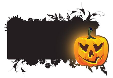 Glowing pumpkin lantern on a dark floral background のイラスト素材