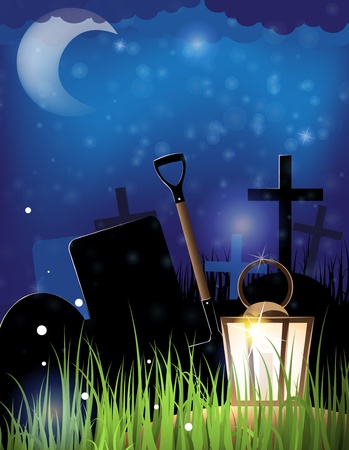 Glowing lantern and a shovel in the night cemetery  Scary Halloween backgroundのイラスト素材