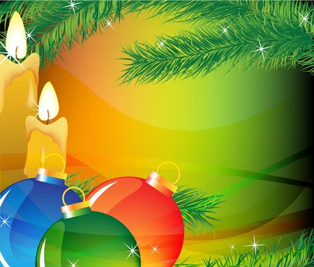 Burning candles and Christmas decorations on a  background with fir branchesのイラスト素材