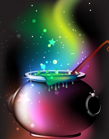 Cauldron  with a boiling magic potion on an abstract mystical backgroundのイラスト素材