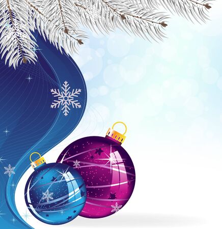 Snow-covered fir branches and Christmas decorations on a blue sparkling background のイラスト素材