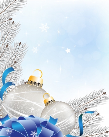 Fir branches with silver Christmas decorations and  blue ribbon on a  sparkling background のイラスト素材