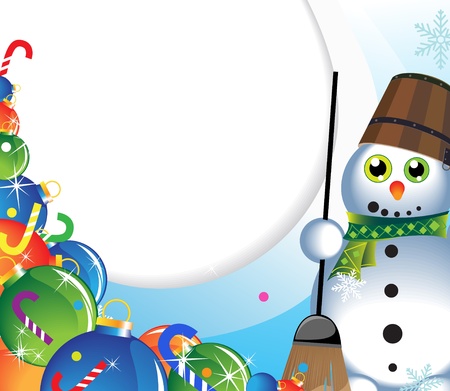 Cheerful snowman in a green scarf and a heap of Christmas tree decorationsのイラスト素材